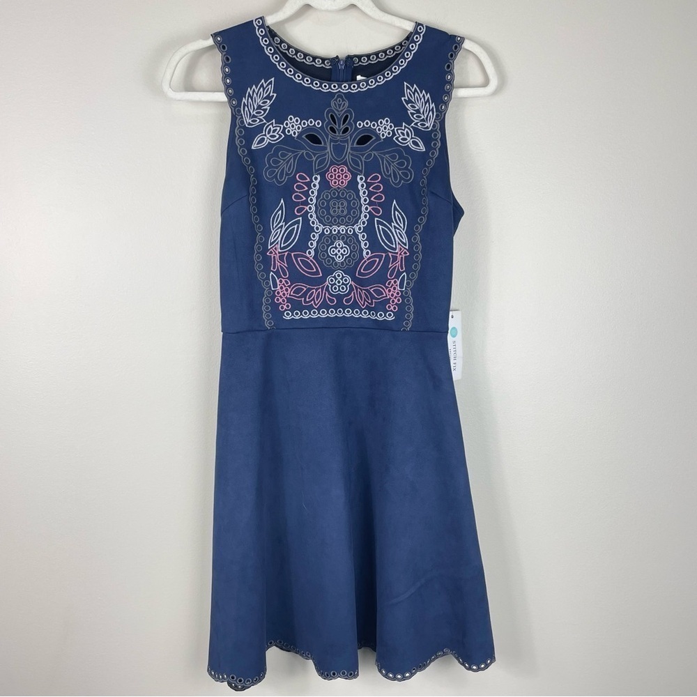 August Mist Womens Dress Small Salem Embroidered Faux Suede Sleeveless Navy
